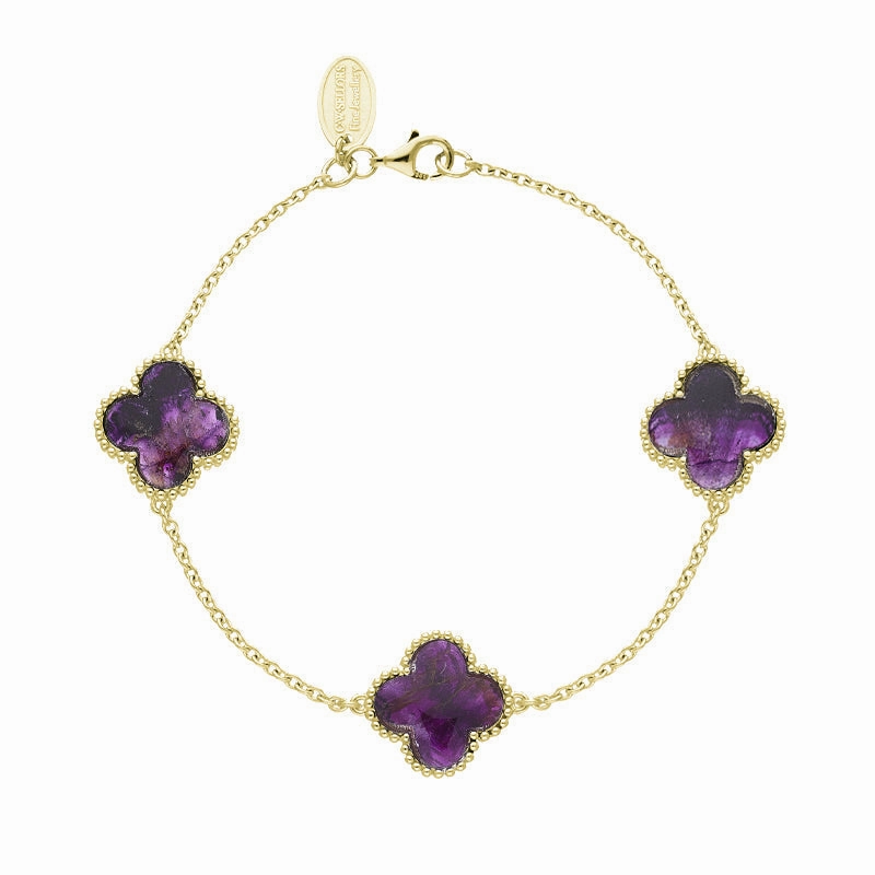 9ct Yellow Gold Blue John Bloom Four Leaf Clover Ball Edge Chain Bracelet
