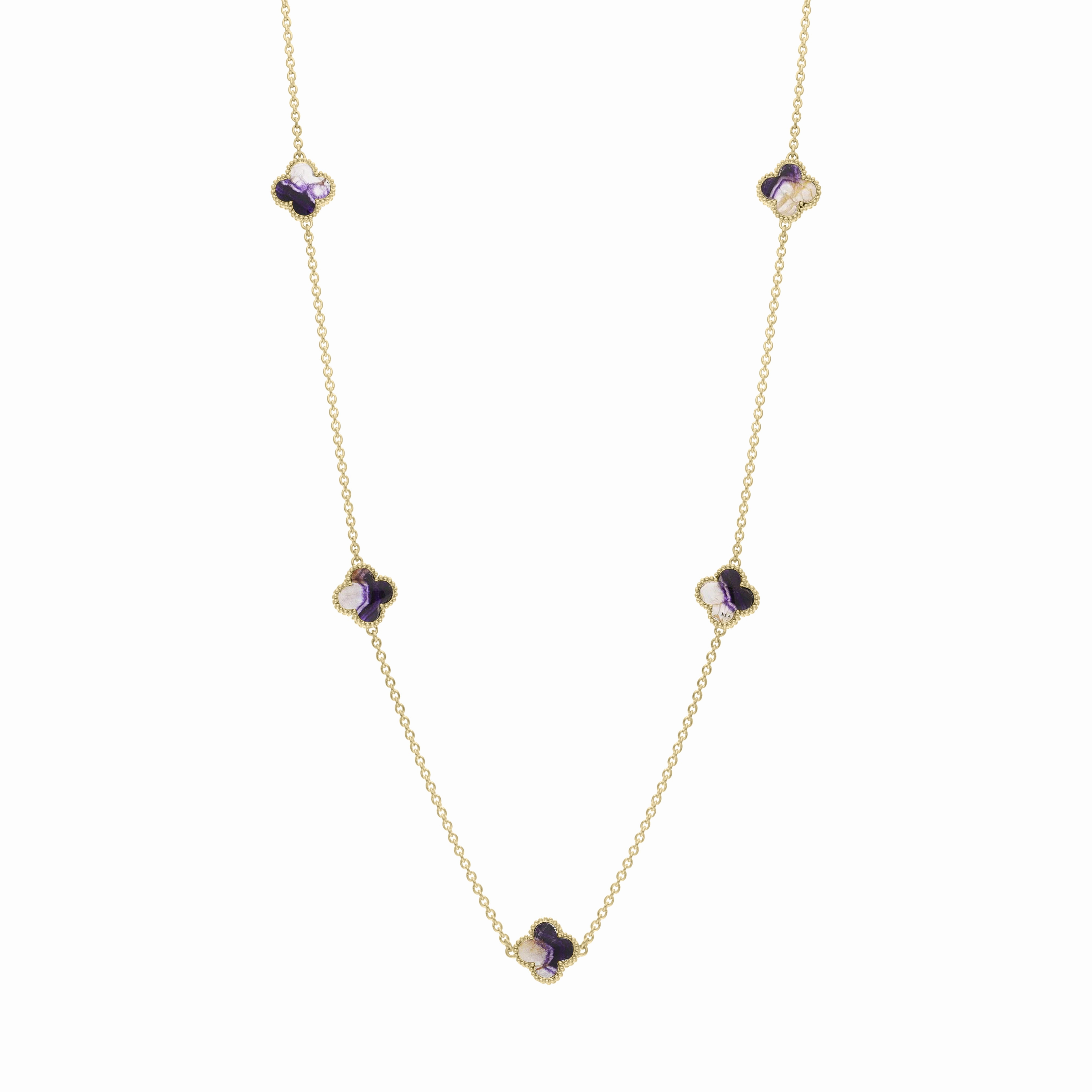 9ct Yellow Gold Blue John Bloom Four Leaf Clover Ball Edge Necklace