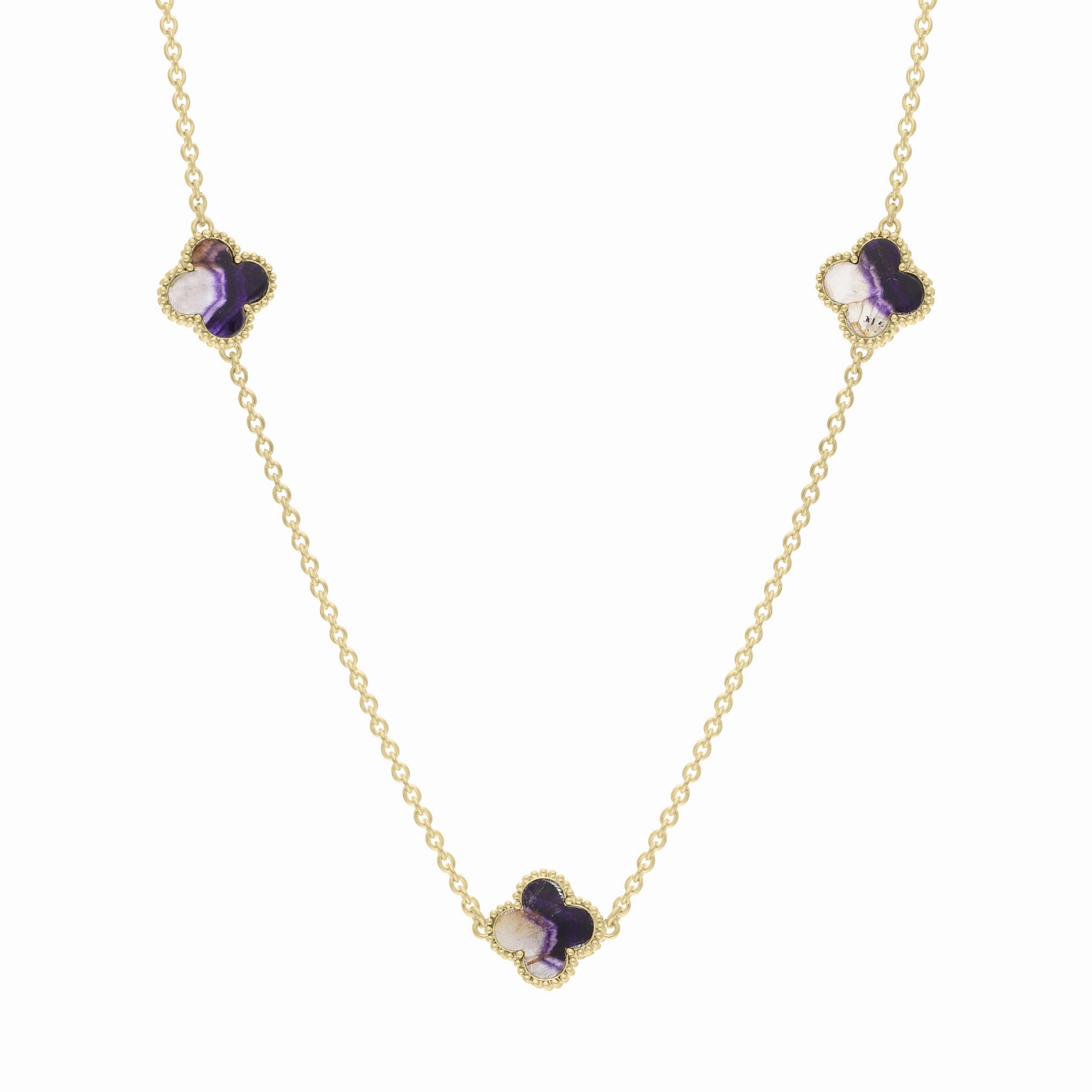 9ct Yellow Gold Blue John Bloom Four Leaf Clover Ball Edge Necklace