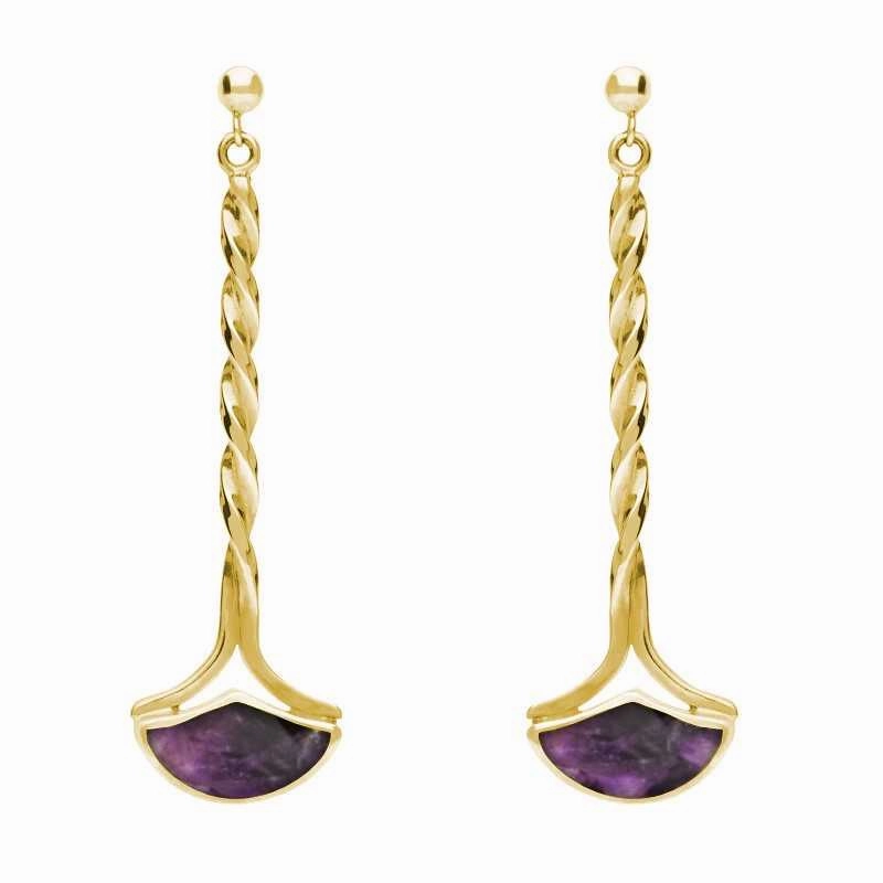 9ct Yellow Gold Blue John Drop Twist Fan Earrings