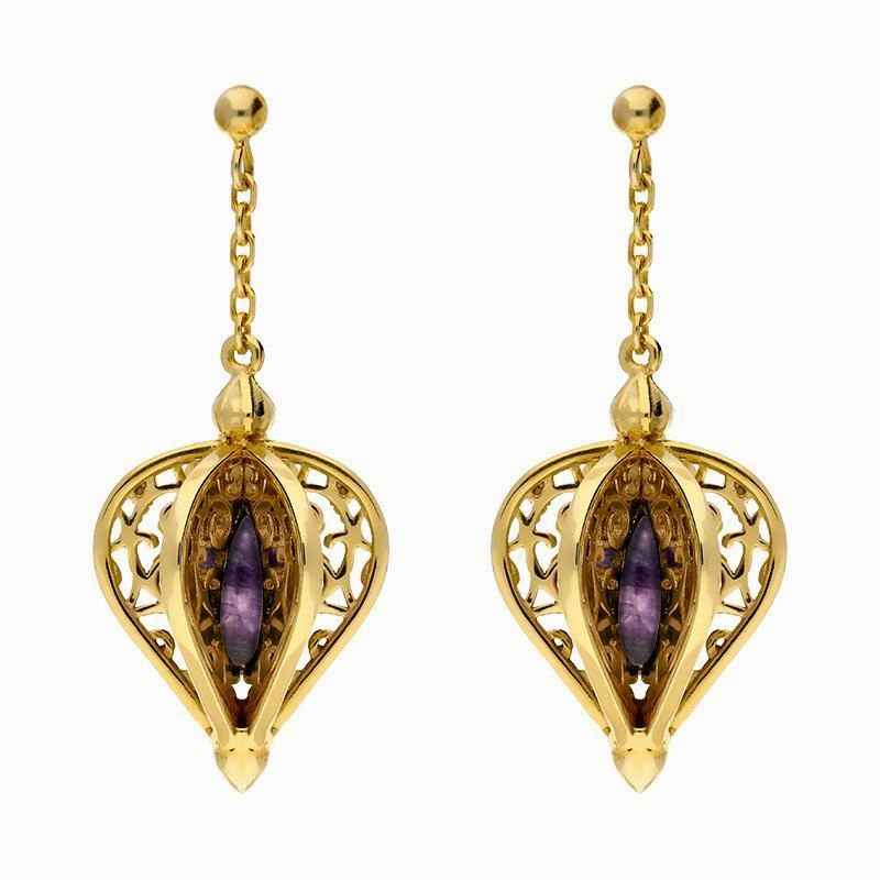 9ct Yellow Gold Blue John Flore Filigree Drop Earrings D