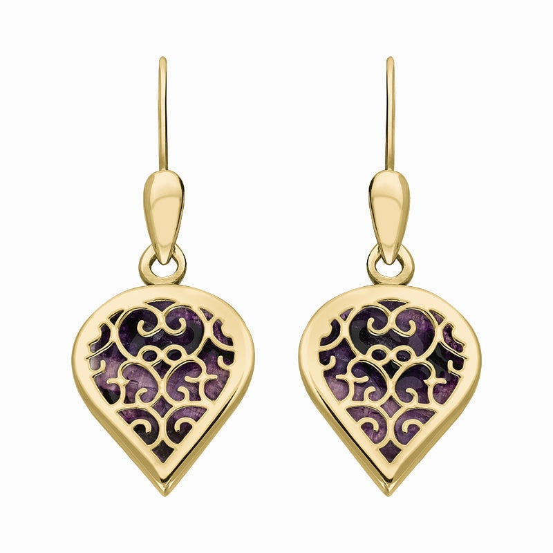 9ct Yellow Gold Blue John Flore Filigree Heart Drop Earrings
