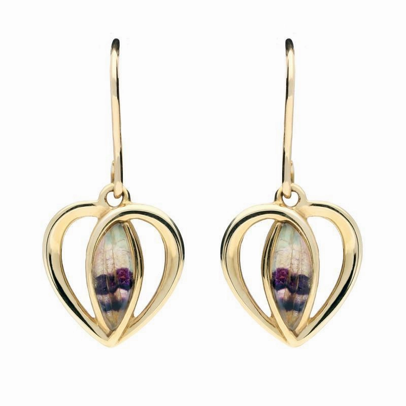 9ct Yellow Gold Blue John Heart Drop Earrings