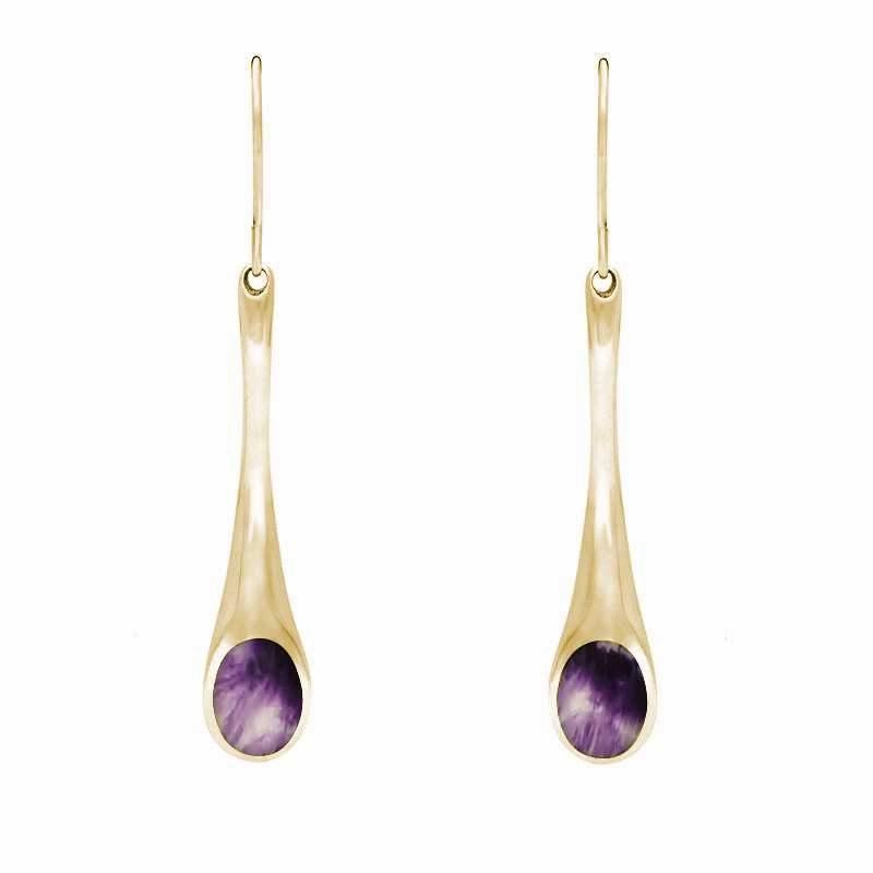 9ct Yellow Gold Blue John Long Tapered Drop Hook Earrings