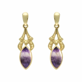 9ct Yellow Gold Blue John Marquise Drop Earrings