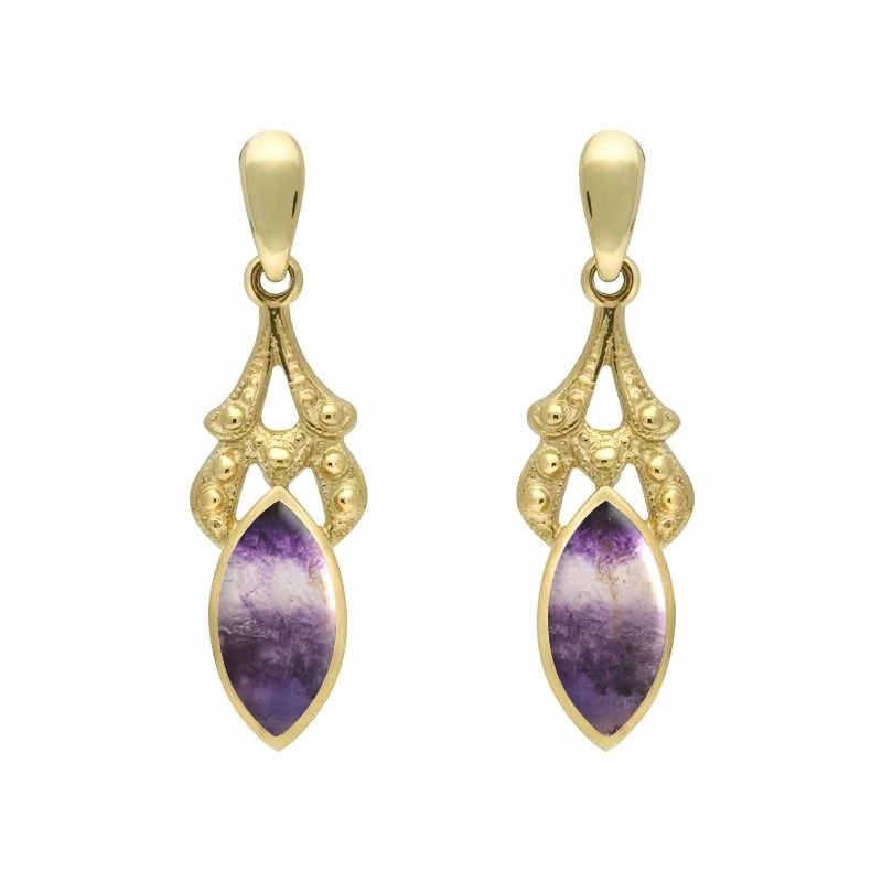 9ct Yellow Gold Blue John Marquise Drop Earrings