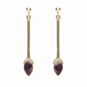 9ct Yellow Gold Blue John Marquise Long Drop Earrings