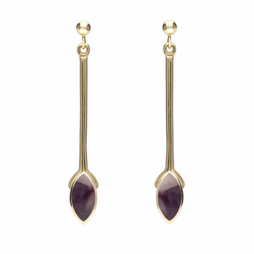 9ct Yellow Gold Blue John Marquise Long Drop Earrings
