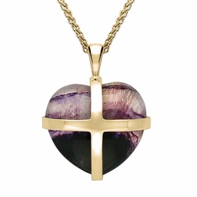9ct Yellow Gold Blue John Medium Cross Heart Necklace