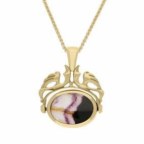 9ct Yellow Gold Blue John Mother Of Pearl Double Sided Oval Swivel Fob Necklace