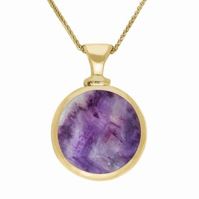 9ct Yellow Gold Blue John Mother Of Pearl Double Sided Round Dinky Fob Necklace