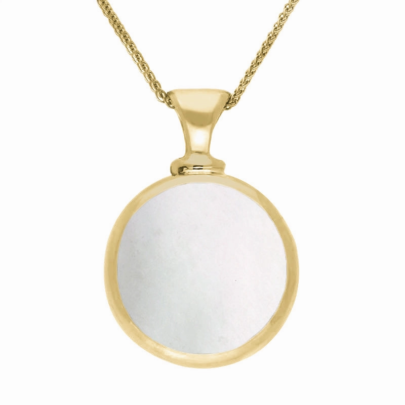 9ct Yellow Gold Blue John Mother Of Pearl Double Sided Round Dinky Fob Necklace