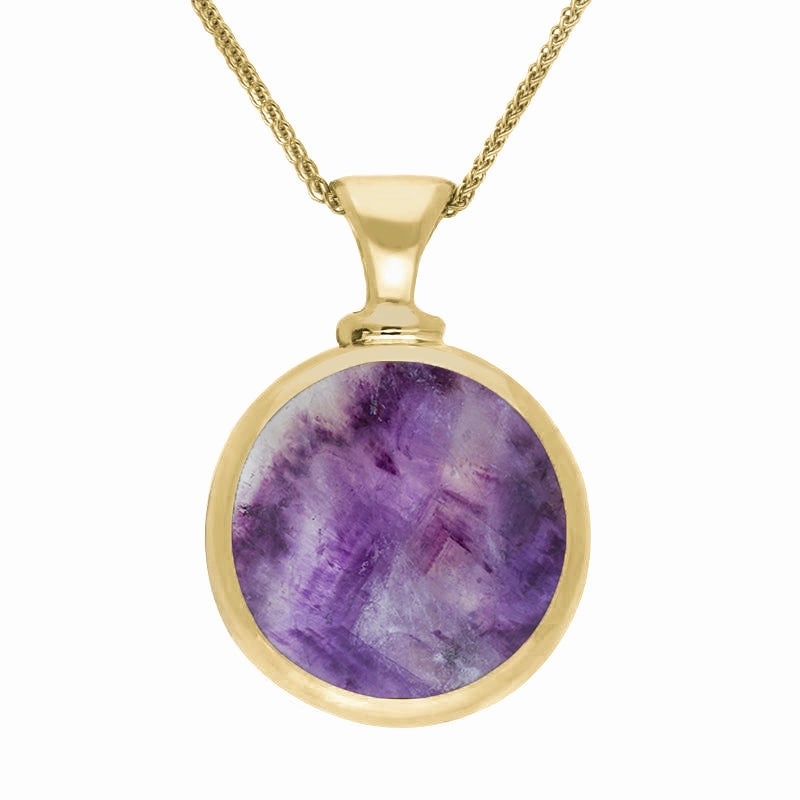 9ct Yellow Gold Blue John Mother Of Pearl Double Sided Round Dinky Fob Necklace