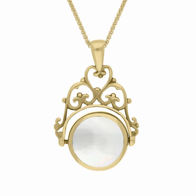 9ct Yellow Gold Blue John Mother Of Pearl Double Sided Round Swivel Fob Necklace