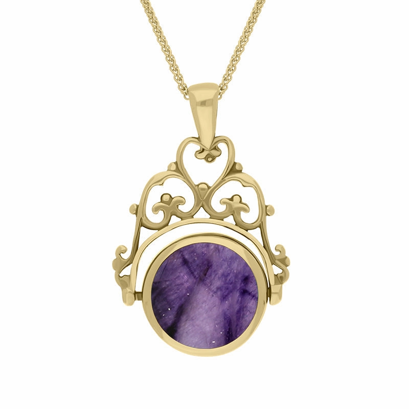 9ct Yellow Gold Blue John Mother Of Pearl Double Sided Round Swivel Fob Necklace