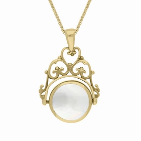9ct Yellow Gold Blue John Mother Of Pearl Double Sided Round Swivel Fob Necklace