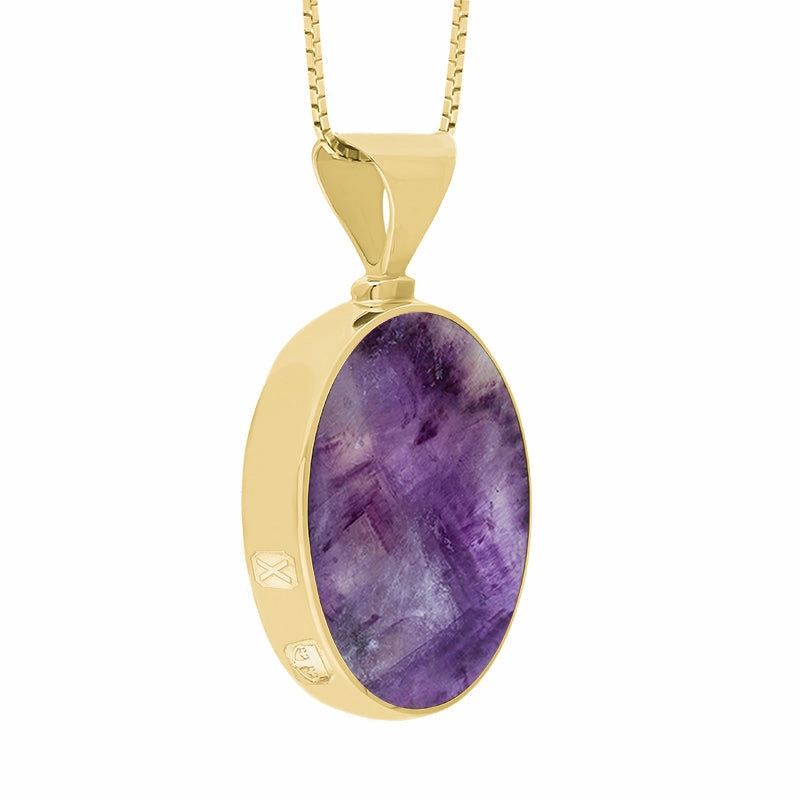 9ct Yellow Gold Blue John Mother of Pearl Hallmark Double Sided Oval Necklace