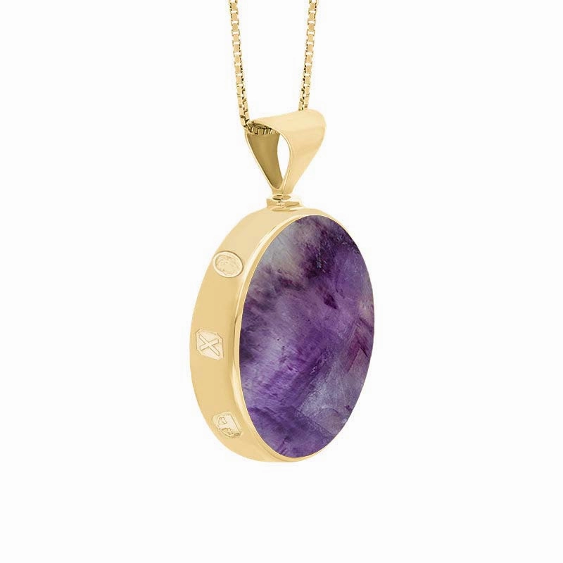 9ct Yellow Gold Blue John Mother of Pearl King's Coronation Hallmark Double Sided Round Necklace D