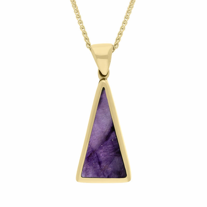 9ct Yellow Gold Blue John Mother Of Pearl Small Double Sided Triangular Fob Necklace
