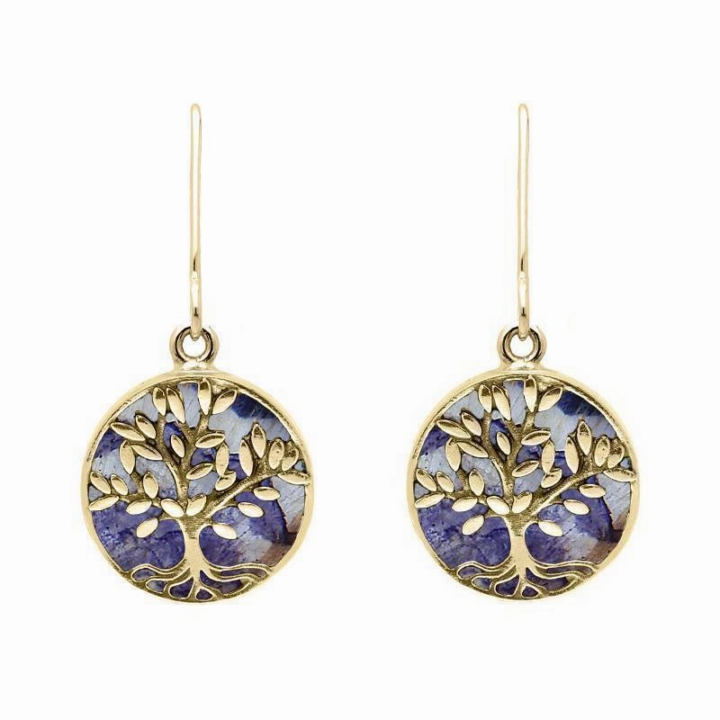 9ct Yellow Gold Blue John Round Large Leaves Tree of Life Two Piece Set