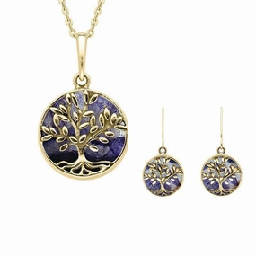 9ct Yellow Gold Blue John Round Large Leaves Tree of Life Two Piece Set