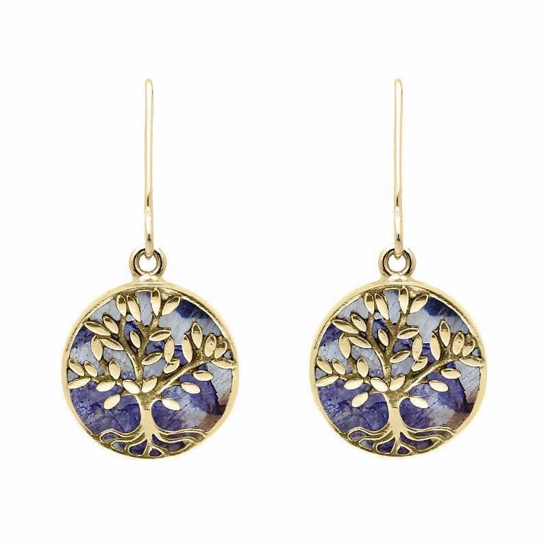 9ct Yellow Gold Blue John Round Large Tree of Life Leaves Drop Earrings