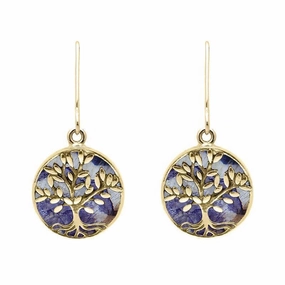 9ct Yellow Gold Blue John Round Large Tree of Life Leaves Drop Earrings