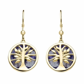 9ct Yellow Gold Blue John Round Tree of Life Drop Earrings