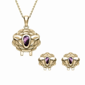 9ct Yellow Gold Blue John Sheep Two Piece Set
