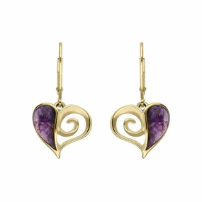 9ct Yellow Gold Blue John Swirl Heart Hook Drop Earrings