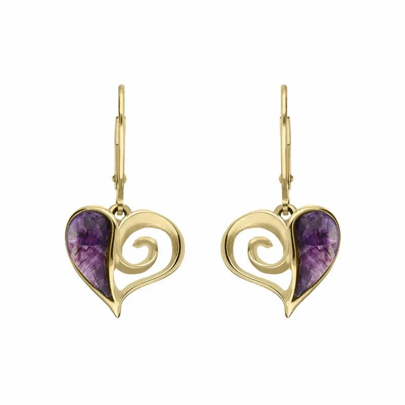 9ct Yellow Gold Blue John Swirl Heart Hook Drop Earrings