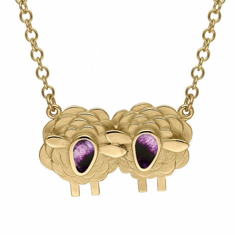 9ct Yellow Gold Blue John Two Large Sheep Necklace