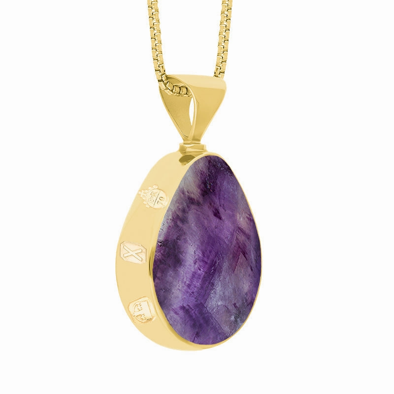 9ct Yellow Gold Blue John Whitby Jet Queens Jubilee Hallmark Double Sided Pear-shaped Necklace D