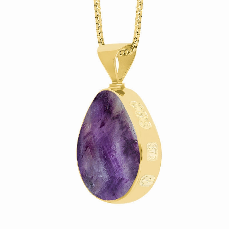 9ct Yellow Gold Blue John Whitby Jet Queens Jubilee Hallmark Double Sided Pear-shaped Necklace D