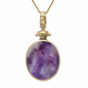 9ct Yellow Gold Blue John White Mother Of Pearl Double Sided Oval Fob Necklace