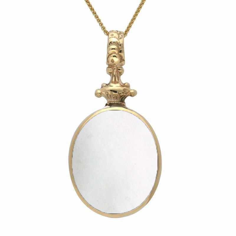 9ct Yellow Gold Blue John White Mother Of Pearl Double Sided Oval Fob Necklace