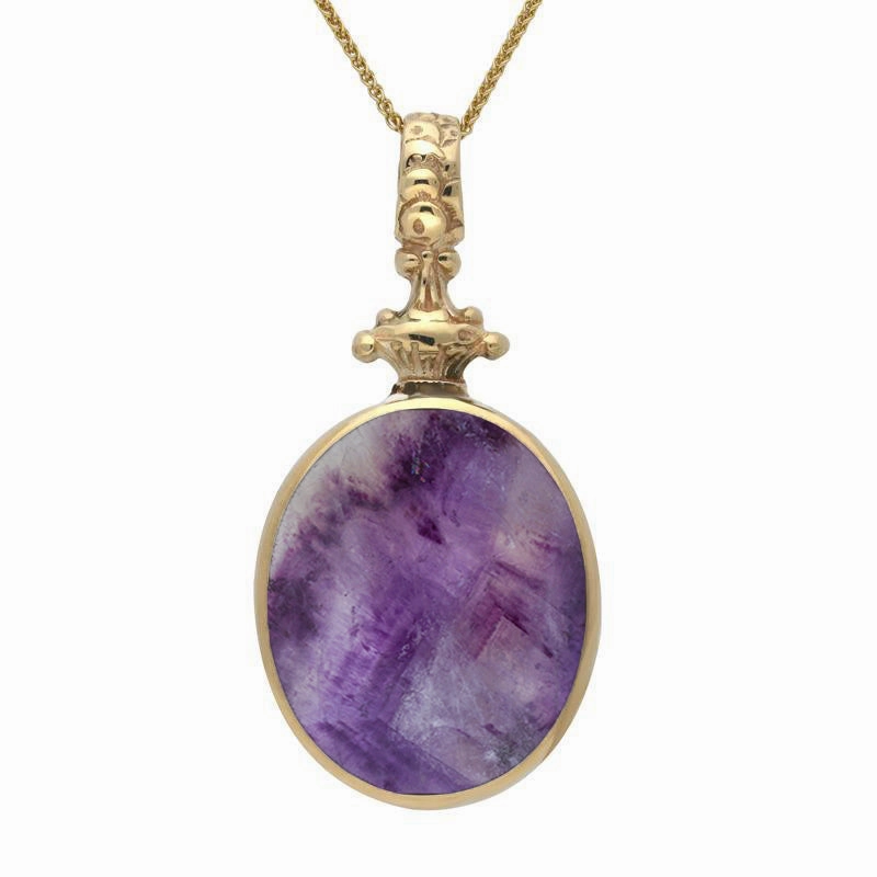 9ct Yellow Gold Blue John White Mother Of Pearl Double Sided Oval Fob Necklace