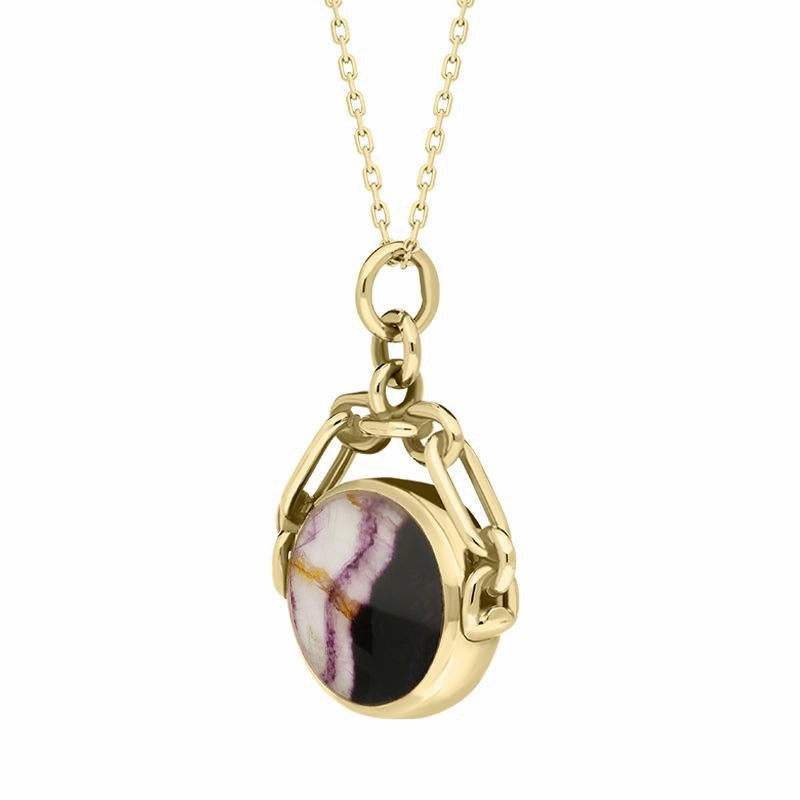 9ct Yellow Gold Blue John White Mother Of Pearl Double Sided Swivel Fob Necklace