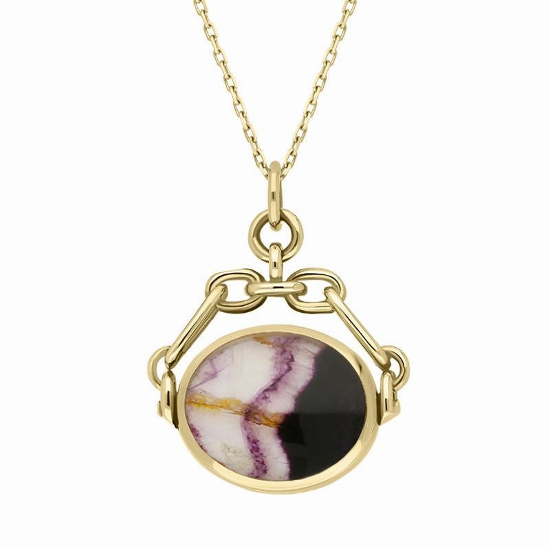 9ct Yellow Gold Blue John White Mother Of Pearl Double Sided Swivel Fob Necklace