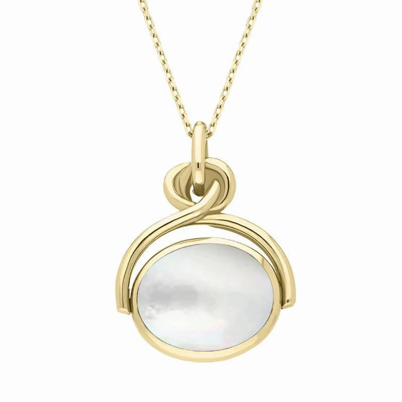 9ct Yellow Gold Blue John White Mother of Pearl Oval Swivel Fob Necklace