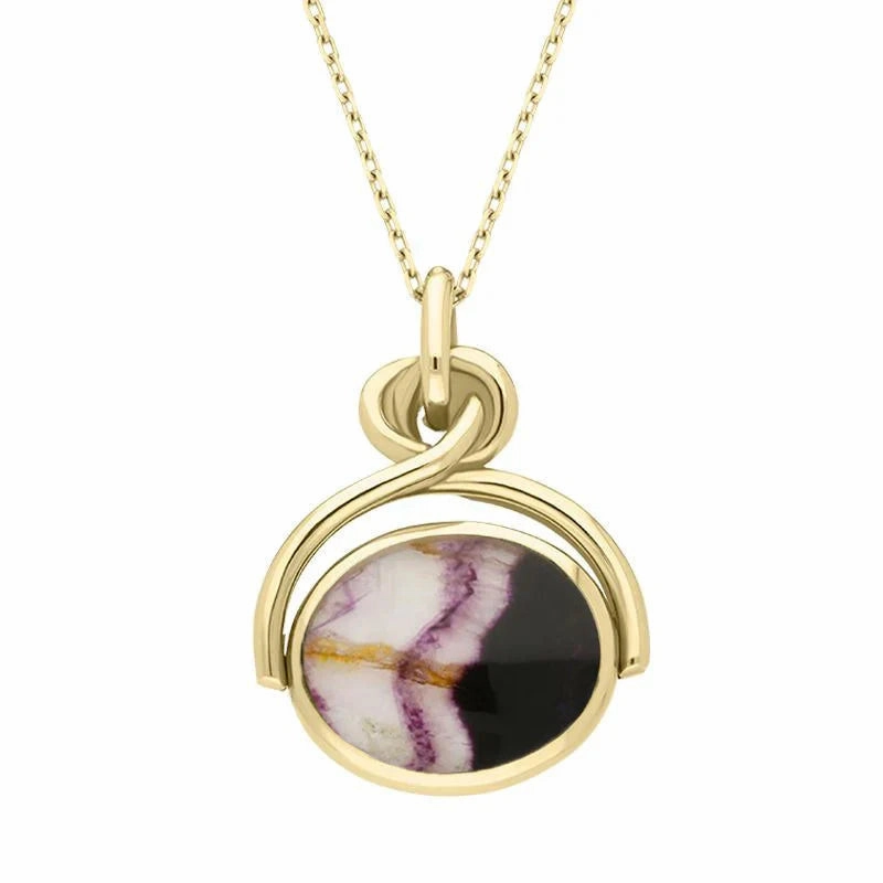9ct Yellow Gold Blue John White Mother of Pearl Oval Swivel Fob Necklace
