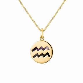 9ct Yellow Gold Blue John  Zodiac Aquarius Round Necklace