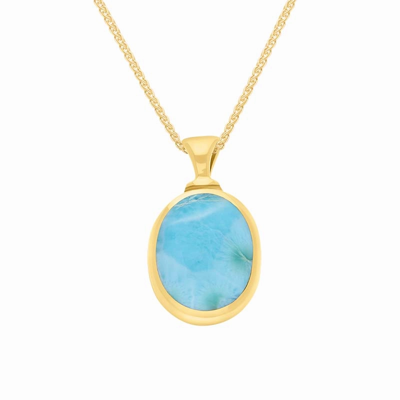 9ct Yellow Gold Coquina Larimar Double Sided Oval Fob Pendant Necklace