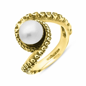 9ct Yellow Gold Freshwater Pearl Bead Twist Tentacle Ring