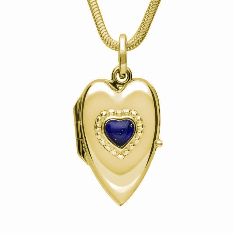 9ct Yellow Gold Lapis Lazuli Beaded Edge Heart Locket Necklace