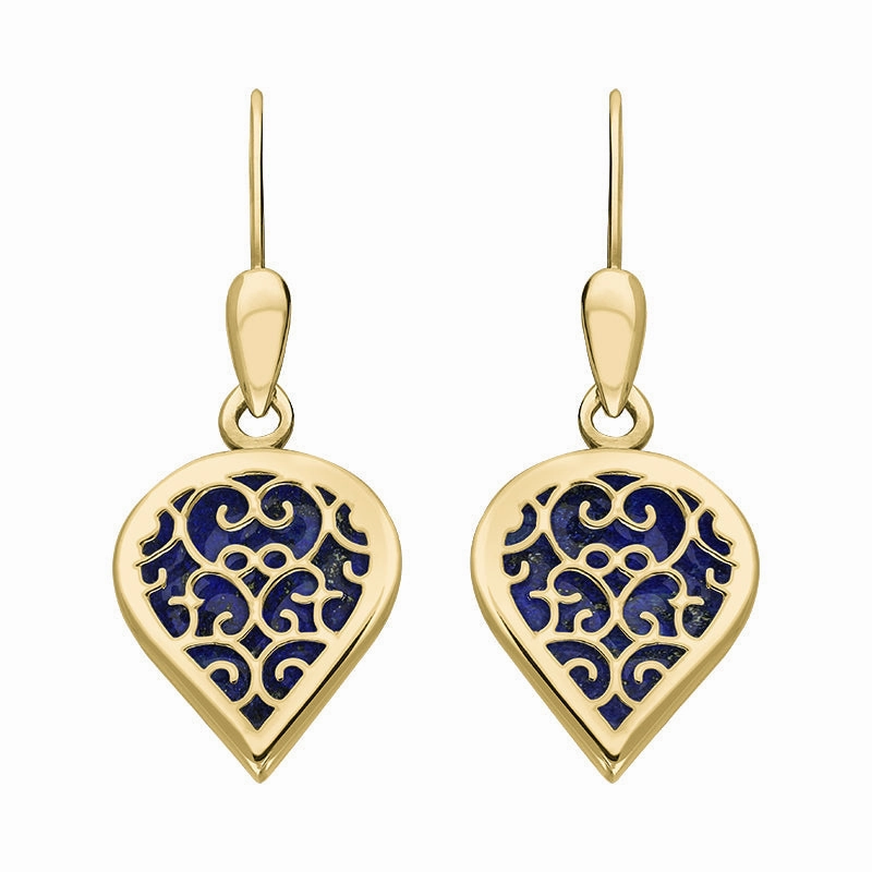 9ct Yellow Gold Lapis Lazuli Flore Filigree Heart Drop Earrings