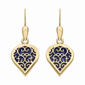 9ct Yellow Gold Lapis Lazuli Flore Filigree Heart Drop Earrings