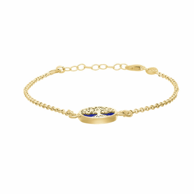 9ct Yellow Gold Lapis Lazuli Round Tree of Life Chain Bracelet
