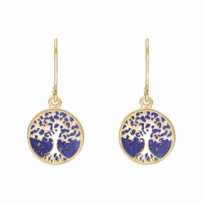 9ct Yellow Gold Lapis Lazuli Round Tree of Life Drop Earrings