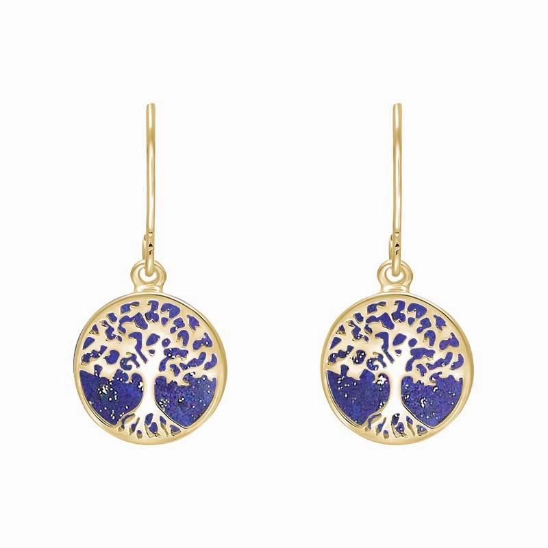 9ct Yellow Gold Lapis Lazuli Round Tree of Life Drop Earrings
